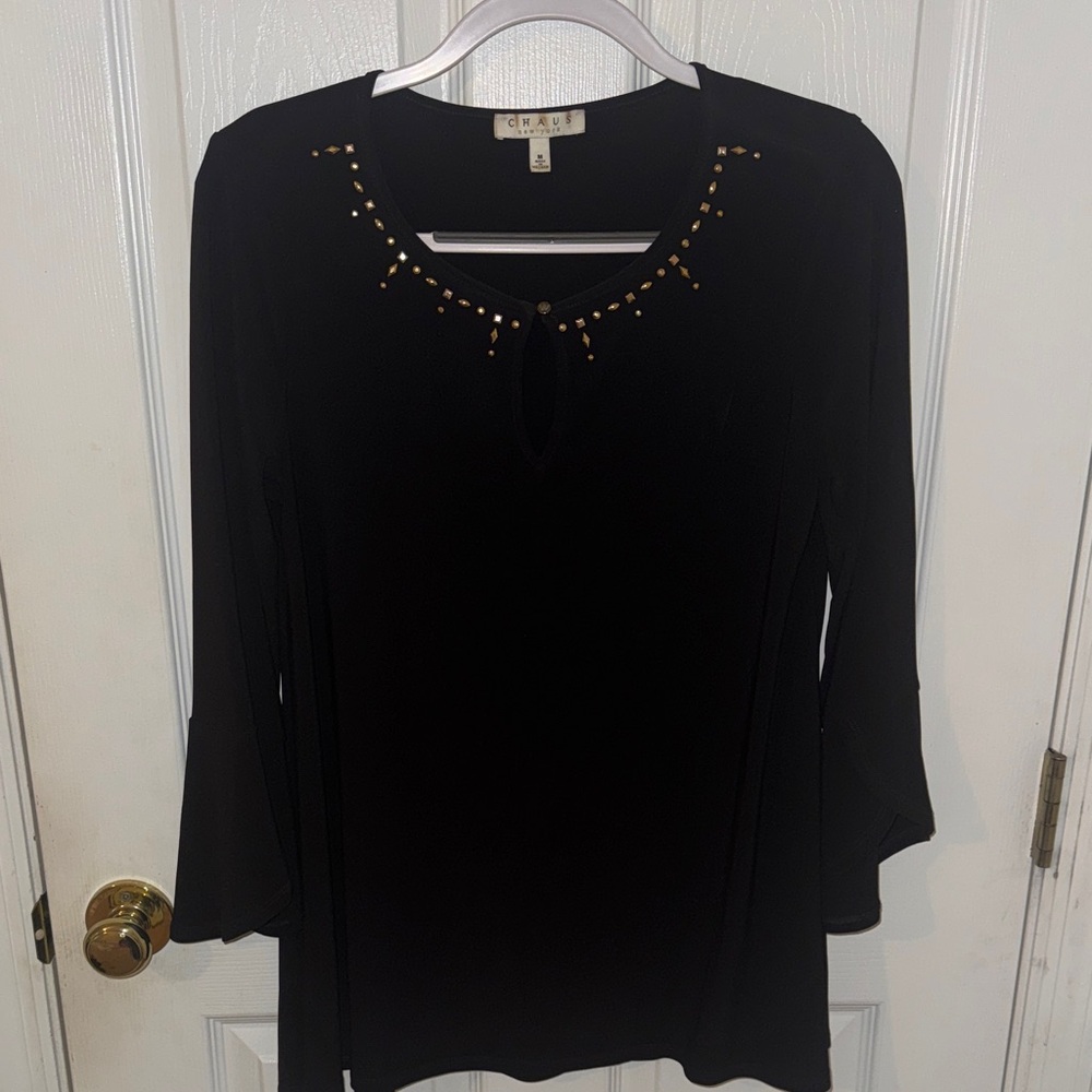 Chaus Elegant Black Blouse with Gold Detailing